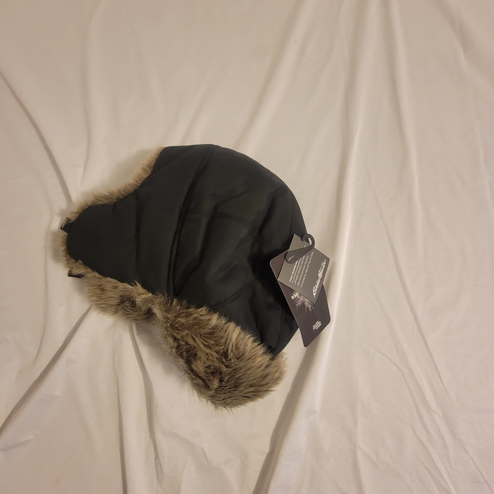 Eddie Bauer Black Trapper Hat with Fur Trim